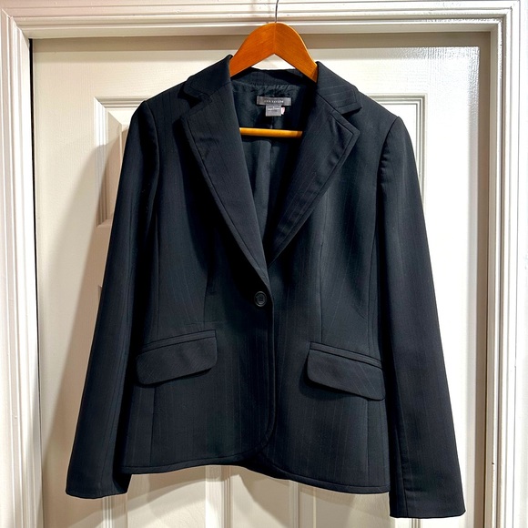 Ann Taylor Black One Button Blazer Pinstripe Lined Suit Jacket The Newbury - Picture 2 of 7